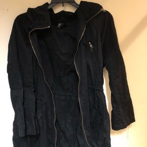 Black hooded zip up utility jacket